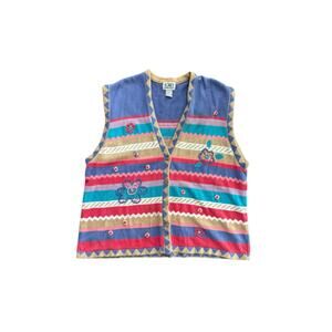 Vintage Koret Francisca Women's Floral Striped Embroidered Vest Sweater Size 2X
